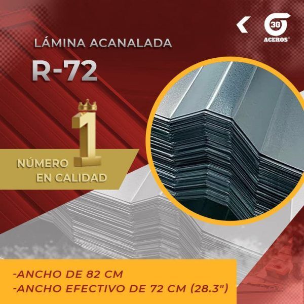 Lámina acanalada R72 Zintro Alum y Pintro Calibres 22 24 26 28 30 y 32